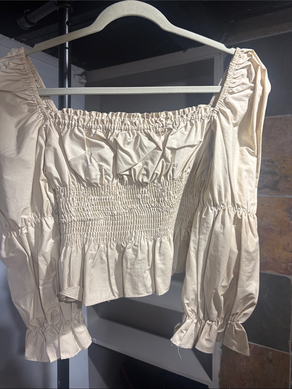 Olivaceous Cream Smocked Peasant Blouse with Puff Sleeves